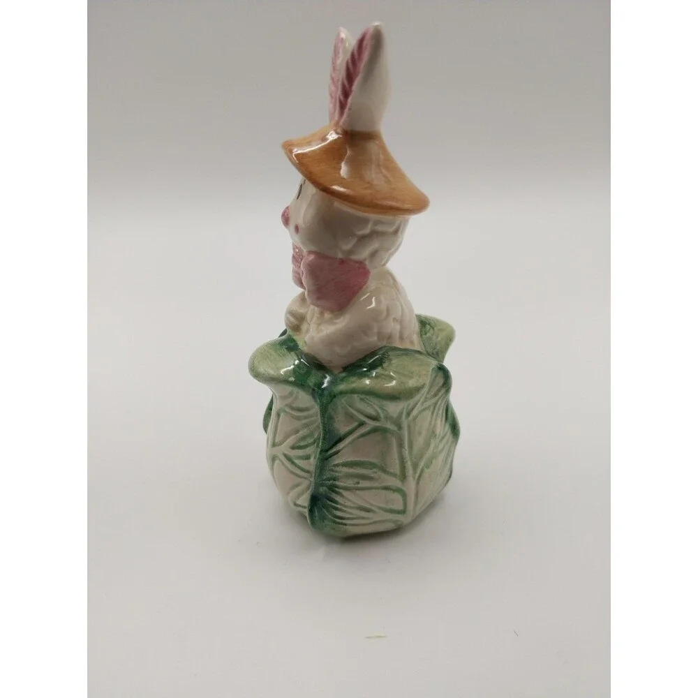 Vintage Ceramic Bunny in Cabbage Figurine - Easter Spring Cottagecore Decor Pink